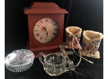 Cut Sugar Bowl, Covered Oval Crystal, Clock, Metal Cross, Eyeglass Holders