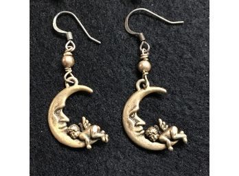 Sleeping Angel On The Crest Of The Moon - Gold Tone Pierced Earrings