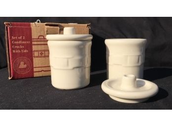 2001 Set Of 2  Longaberger Pottery Condiment Crocks With Lids Woven Traditions  Ivory (15)