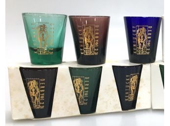6 - Kentucky Derby 123 Shot Glasses - Colored Glass W/Gold Imprint (New Old Stock) Set#2
