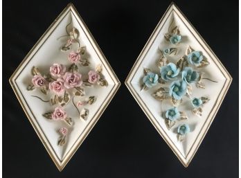 1950-60 Set Of Vintage Lefton 3D Wall Ceramic Diamond Shaped Floral No Damage