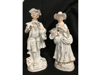 Colonial  Couple Figurine White Porcelain & Gold   9 1/2' Tall