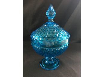 VTG Indiana Glass Co. Diamond Point Regal Taira Blue Pedestal Compote Candy Dish With Lid