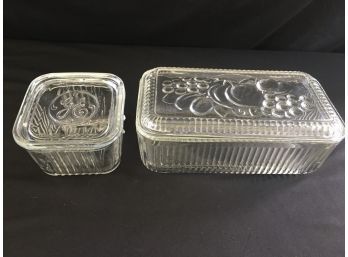 2 Glass Refrigerator Ribbed Boxes - GE Butter Case Box W/Lid USA - Fruit Design Lidded Refrigerator Box