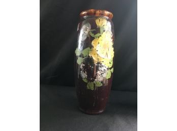 1900-1930s Antique Brown Glazed Stoneware Vase With Hand Painted Roses