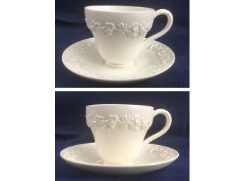 2 Sets Wedgwood Queensware Embossed Demitasse - Cream On Cream - ENGLAND Cup And Saucers