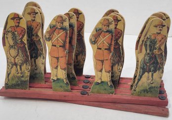 Antique Folk Art Wooden Soldiers Upon Accordion Style Base 15 Soldiers
