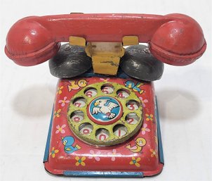 Rare Vintage Tin Litho Telephone, Mini Dial Phone Toy Japan Birds Call 1940 1950