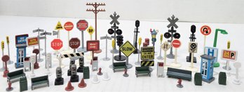 Grouping Of 72 Pcs, Miniatures Railroad Street Signs Benches Phone Booths Etc.. Train Layout Accessories