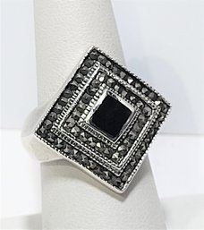 Sparkling Vintage Sterling Silver Black Onyx & Marcasite Statement Ring