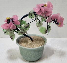 Vintage Japanese Chinese Oriental Asian Jade Glass Pink Flowering Bonsai Tree