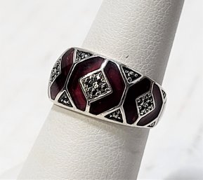 Vintage Jewelry 925 CNA Marcasite Red Enamel Sterling Silver Band Ring