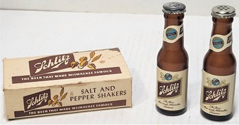 1957 Vtg SCHLITZ Beer Advertising Salt  Pepper Shakers Mini Glass Bottles W/Box
