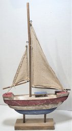 Folky Wooden Sailboat On Stand American Flag Colors