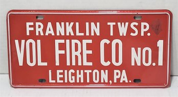 Vintage Heavy Gauged Metal Volunteer Firefighter License Plate Leighton,PA