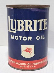 Vtg 1940s Lubrite Motor Oil 1 Quart Oil Can Tin Socony Vacuum Mobil Oil Pegasus