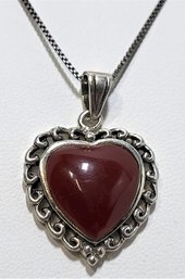Lovely Sterling Silver Carnelian Heart Shape Pendant On 20' Italy 925 Chain