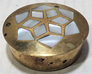 Vtg Brass Mother Of Pearl Covered Trinket Box