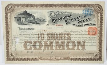 1906 MISSOURI, KANSAS AND TEXAS RAILWAY COMPANY STOCK CERTIFICATE FOR 10 SHARES