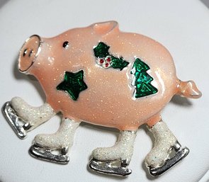 Holiday Pigs On Ice Enameled Brooch Pin