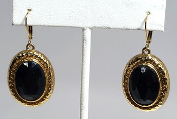 Joan Rivers Signed Oval Gold Tone Faux Black Onyx Stone Dangle Earrings