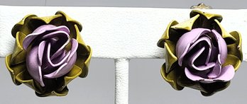 Figural Violet Rose Metal Enamel Unsigned Earrings