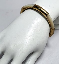 Modernist Mother Of Pearl Gold Tone Unsigned Bangle Bracelet