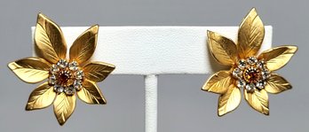 Unsigned Gold Tone Faux Diamond Topaz Jewelled Flower Earrings