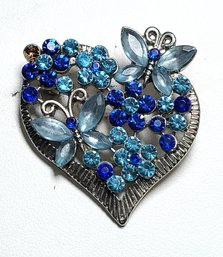 Heart Butterflies Flowers Faux Jewelled Brooch Pin Blue Accents Unsigned