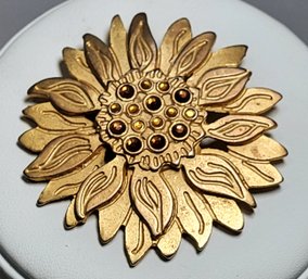 Sunflower Brooch Signed Newpro With Faux Amber Stone Accents