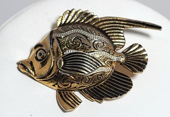 Highly Decorated Tropical Fish Gold And Silver Tone Brooch Pin Made In Spain