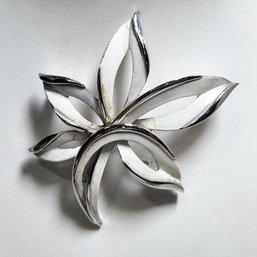 Trifari Signed Silver Tone White Enamel Designer Brooch Pin