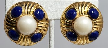 Vintage Gold Tone Faux Blue Lapis Pearl Earrings Unsigned