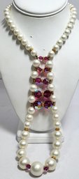 Extravagant Faux Pearl Crystal Gold Tone Necklace Unsigned