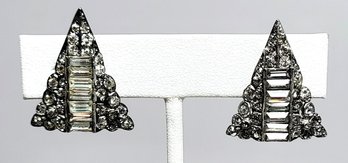 Vintage Pair Of Silver Tone Rhinestone Arrowhead Shoe Clips Buckles Pins Unsigned