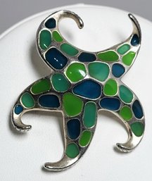 Swimming Starfish Silver Tone Enamel Lime Aqua Accents Brooch Pin Unsigned