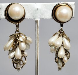 Unsigned Gold Tone Faux Pearl Dangle Earrings