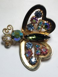 Colorful Butterfly Multicolored Faux Sapphire Gold Tone Broch Pin