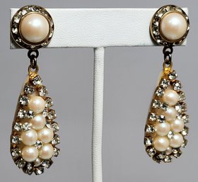 Acrylic Faux Diamonds And Pearls Dangle Earrings Unsigned