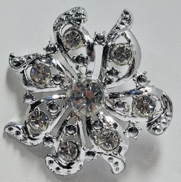 Shiny Bright Flower Faux Diamonds Silver Tone Brooch Pin