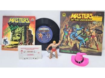 Vintage MOTU He Man Masters Of The Universe Grouping Book &record, Cassette, Golden Book, Orko Hat, Rubber Fig