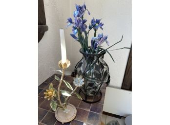 Glass Vase W/flowers & Candle Holder