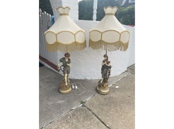 Art Nouveau L & F Moreau Signed Bronze French Figural Lamps (Pair)