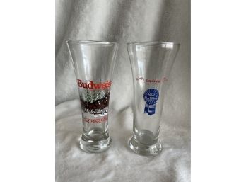 2 Vintage Budweiser & Pabst Blue Ribbon Beer Glasses