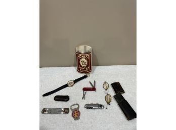 7pc Collectibles Lot- Honest Snuff- Antique Glasses- Pocket Knives- Beer, Watch