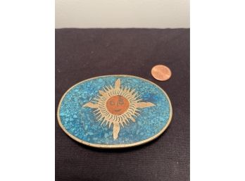 Vintage Nickel Silver Sun Face W/turquoise Chip Inlay Belt Buckle - Made In Hecho En Mexico