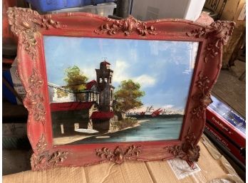 Vintage Reverse Glass Painting Scene In Venice 28in By 21in