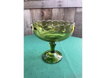 Vintage Depression Green Glass Pedestal Fruit Bowl, Scalloped Edges