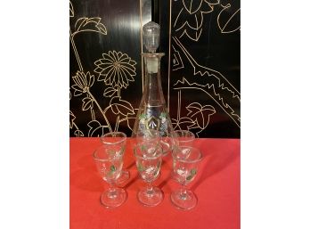 Handpainted Glass Decanter And Six Glasses