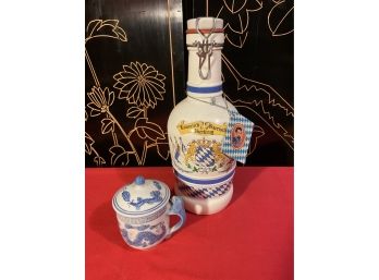 Beer/liquor Decanter & Blue/white Cup
